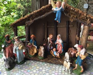 Vintage Italian Nativity Set Christmas Manger Creche 15 Pc Figures Made In Italy