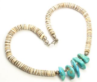 Vintage Navajo Sterling Silver Old Pawn Turquoise Nugget Heishi Bead Necklace