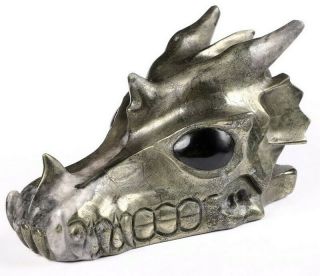 5.  2 " Pyrite Carved Crystal Dragon Skull,  Black Obsidian Eyes,  Crystal Healing