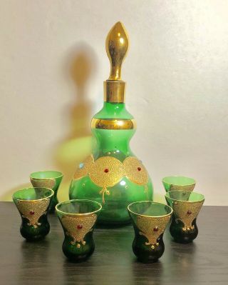VINTAGE EMPOLI Italian Glass Emerald Green & Gold Decanter w/6 cordials BEAUTY 3
