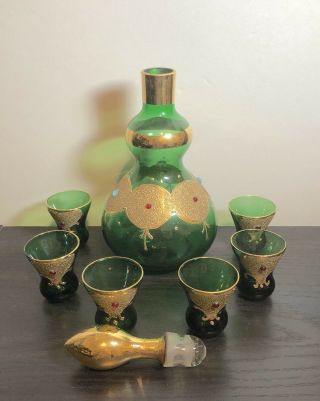 VINTAGE EMPOLI Italian Glass Emerald Green & Gold Decanter w/6 cordials BEAUTY 5