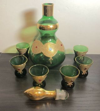 VINTAGE EMPOLI Italian Glass Emerald Green & Gold Decanter w/6 cordials BEAUTY 6