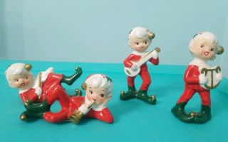 4 Vintage Napco Christmas Pixie Elves Figurines W/ Musical Instruments