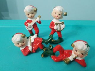 4 Vintage Napco Christmas Pixie Elves Figurines w/ Musical Instruments 2