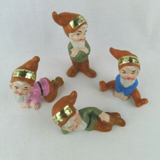4 Vintage Ceramic Gnome Elf Figurines Magic Forest Lake George Ny Souvenirs Rare