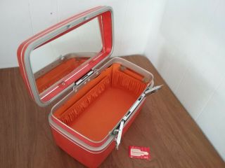 Vintage Samsonite Orange Luggage Suitcase Makeup Train Case W/ Mirror & Keys
