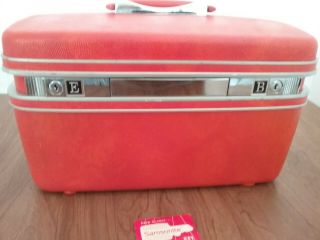 Vintage Samsonite Orange luggage suitcase makeup train case w/ mirror & keys 3