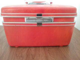 Vintage Samsonite Orange luggage suitcase makeup train case w/ mirror & keys 5