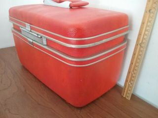 Vintage Samsonite Orange luggage suitcase makeup train case w/ mirror & keys 7