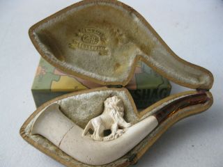 Antique Lion Hand Carved Block Meerschaum Pipe In Fitted Case