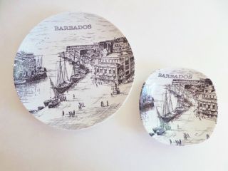 Vintage Barbados Souvenir Plates 2 Black White Porcelain Ink Drawing Ships Port