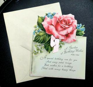 Vintage Hallmark Greeting Card Happy Birthday Garden Wishes Rose Ribbon