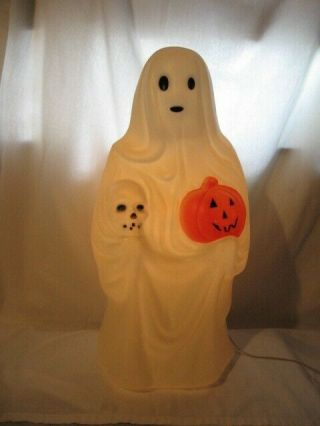 Vintage Halloween Ghost Holding A Skull & Pumpkin Blow Mold