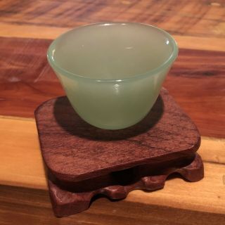 Vintage Chinese Green Jade Or Glass Cup With Wooden Pedistal Asian Old Bowl