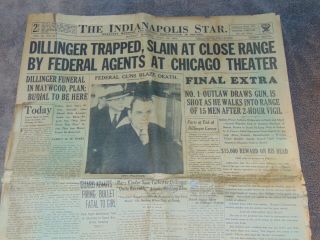 July 23,  1934 Indianapolis Newspaper: John Dillinger Killed - Hometown Paper