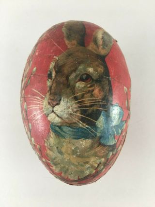 Paper Mache Easter Egg Candy Container German Red Bunny Rabbit 4.  5 "