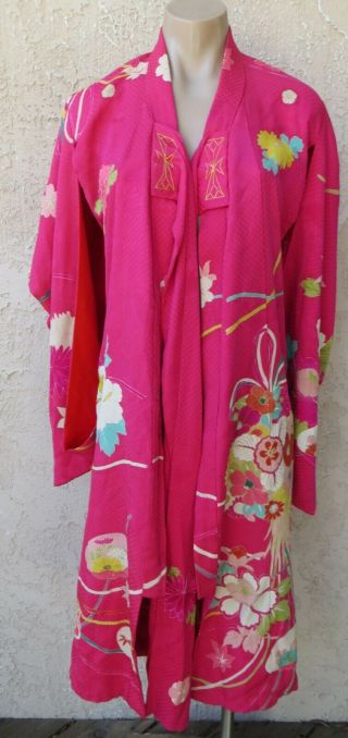 Antique/vintage Asian Japanese Pink Floral Silk Hand Made Girls Kimono Ethnic