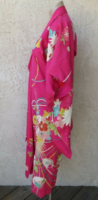 Antique/vintage Asian Japanese pink floral silk hand made girls kimono ethnic 2