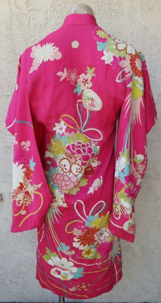 Antique/vintage Asian Japanese pink floral silk hand made girls kimono ethnic 3