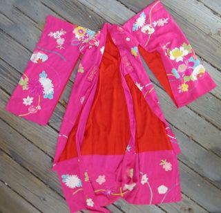 Antique/vintage Asian Japanese pink floral silk hand made girls kimono ethnic 4