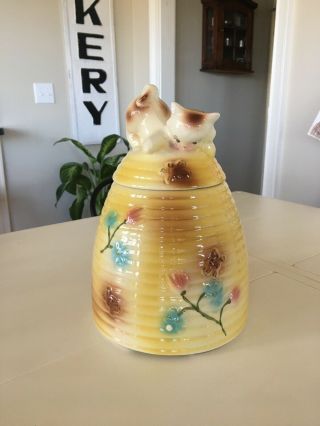 American Bisque Beehive With Kitten Cookie Jar