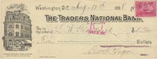 Traders National Bank - Washington Dc / Bank Check 1898 - Logo,  Irs Stamp