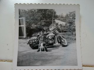 Vintage Snapshot Photo 3.  5x3.  5 Boy,  Dog,  Harley Davidson Motorcycle