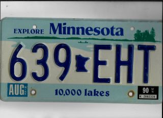 Minnesota Passenger 1990 License Plate " 639 Eht " Natural