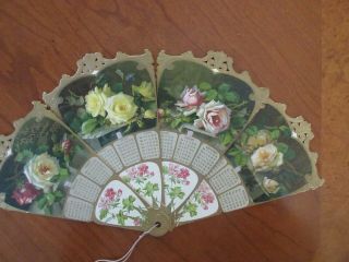Rare Antique Victorian 1909 Die - Cut Embossed 4 - Blade Fan Calendar Roses Unique