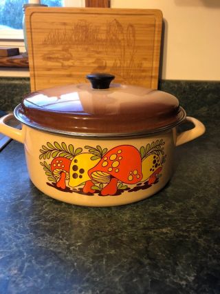Vtg Enamel Merry Mushroom Pot Pan Dutch Oven Cookware Stock Retro 1960 - 70s