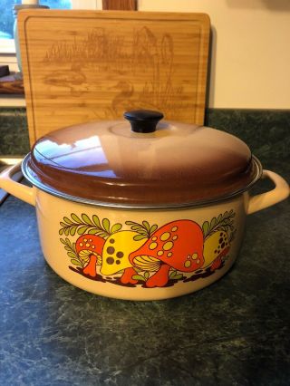 Vtg Enamel Merry Mushroom Pot Pan Dutch Oven Cookware Stock Retro 1960 - 70s 2