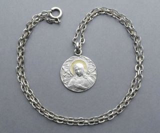 French,  Antique Religious Sterling Pendant.  Saint Virgin Mary.  Chain Necklace.