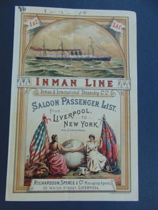 C.  1891 Inman Line Saloon Passenger List - Inman & International Steamship Co.