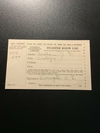 Cornell University Library Reading Room Use Old Card Ephemera