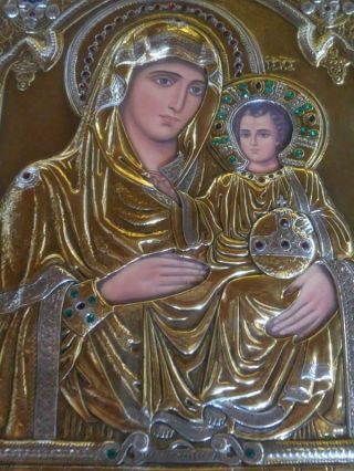 Jeweled Religious Icon Framed Behind Glass W/ 24k Gold Gild & 950 Silver