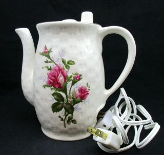 Vtg Electric Teapot Porcelain Basketweave With Rose Sprays