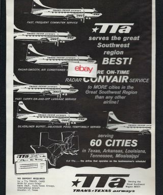 Tta Trans Texas Airways Convair 240 With Radar To 60 Cities In Southwest 1962 Ad