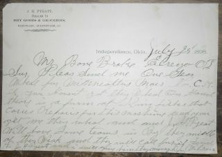1898 Letterhead Independence Oklahoma Territory Jh Pyeatt Dry Goods Groceries