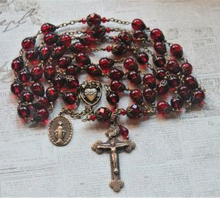 Dark Garnet Red Bohemian Glass Crystal Antique Bronze Handmade Rosary& Fr.  Gift