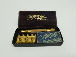Vintage Early 1900s Gillette Old Type Gold Safety Razor Pocket Open Comb Set Box
