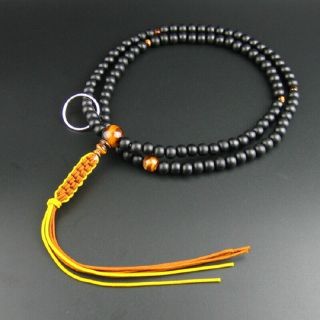 Japan Soto Juzu Ebony Tiger Eye Prayer Beads 100 Silk Tassel Rosary Alloy Metal