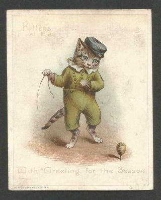 E68 - Anthropomorphic Kitten At Play - Marcus Ward - Victorian Xmas Card