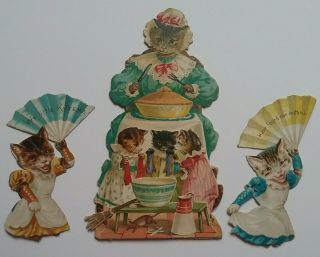 3 Antique Victorian Cards/scraps R.  Tucks The 3 Kittens,  Lge.  16x9 Small 11x5cms