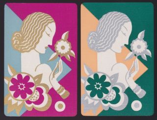 2 Single Vintage Swap/playing Cards Art Deco Lady & Flowers Gold/silver