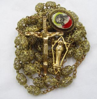† Vintage Ecco Homo Medal Gold Toned Fully Filigree Capped Caged Glass Rosary †