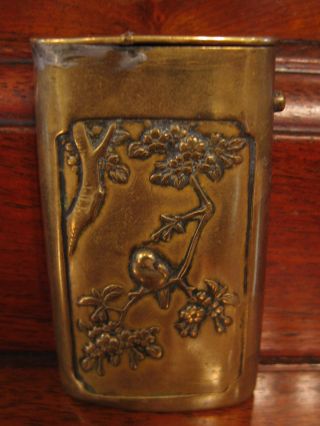 Antique Japanese Brass Match Safe W/ Bird & Fish Decoration