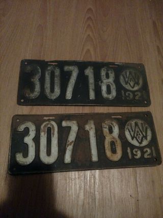 Very Rare 1921 West Virginia License Plates Tags Matched Set Unrestored.