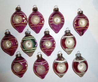 12 Vtg Shiny Brite Glass Christmas Tree Ornaments Double Indent Teardrop Red Box
