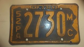 Vintage 1952 Pennsylvania Pa Motorcycle License Plate Paint 8 " X 4.  5 "