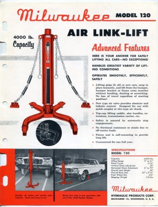 Vintage " Milwaukee Hydraulic " Car Lift Sales Sheet: " Model 120 Air Link - Lift "